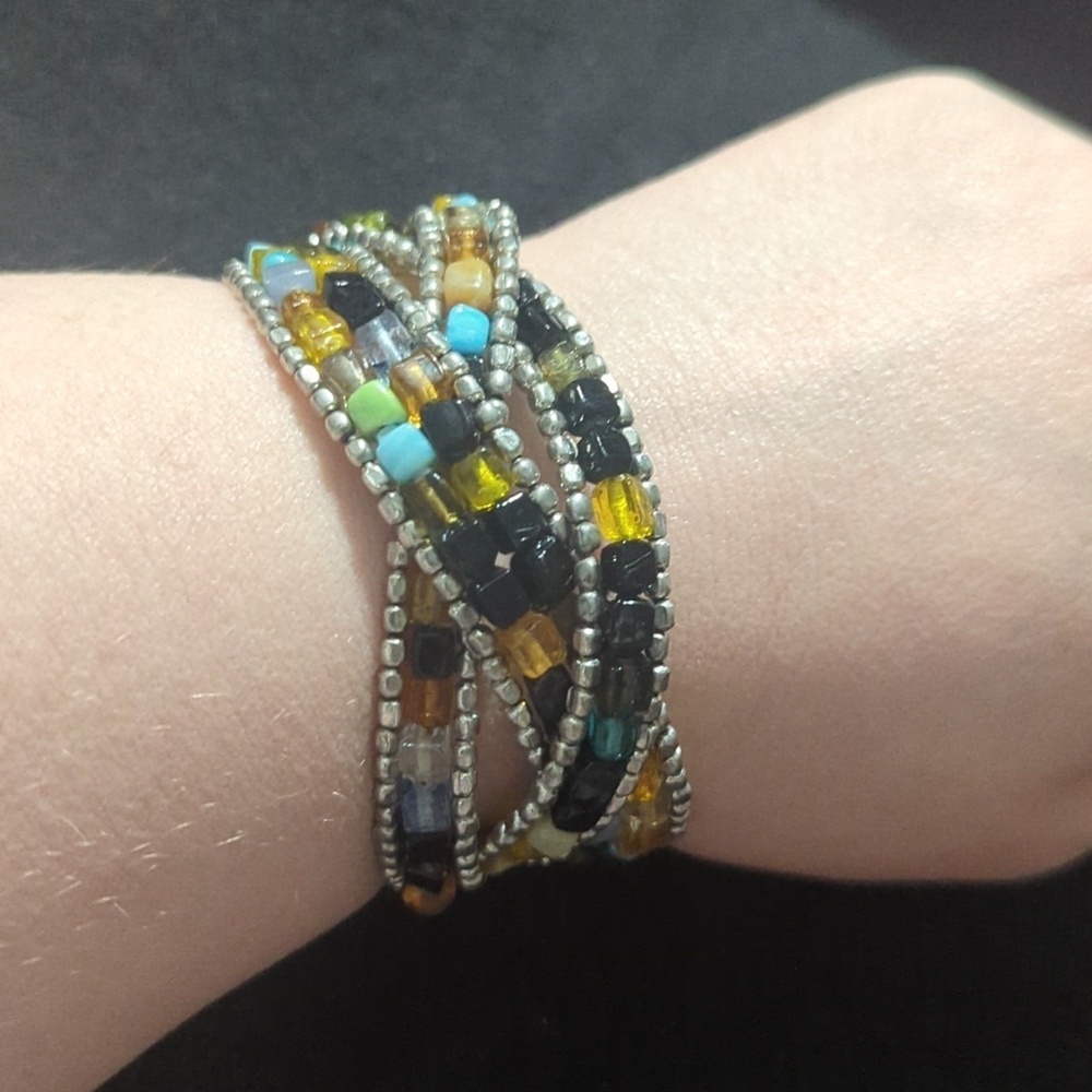 Silver Tone Blue Yellow Black Green Beaded Plaited Flex Cuff Statement Bracelet